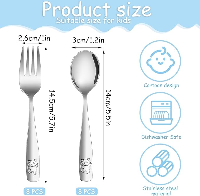 16 Pieces Toddler Utensils Kids Silverware Set, Stainless Steel Childrens Forks and Spoons, Metal Kids Safe Flatware Set, Dishwasher Safe
