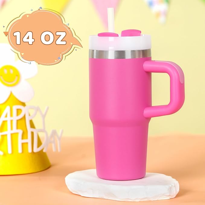 Cosictic 14 Oz Tumbler with Handle and Straw for Kids, Stainless Steel Double Wall Vacuum Insulated Cup for Children, 14 Oz Cups for Kids (Hot Pink, Rose Quartz)