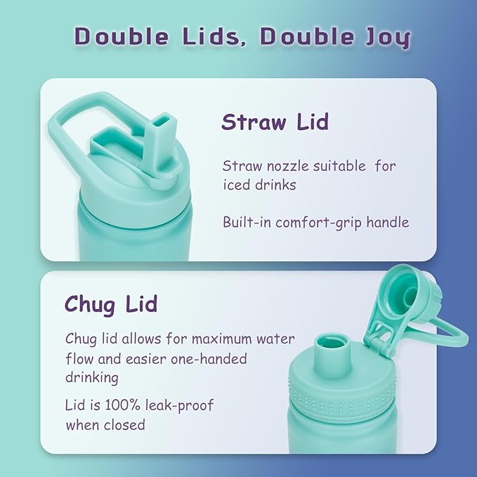 Mininoo Insulated Kids Water Bottle, 12 oz Stainless Steel Water Bottle Kids with Straw Lid and Chug Lid for Girls, Boys (Sky/Blue)