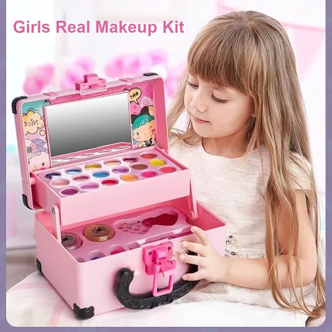 Pongnas Girls Makeup Kit Kids Cosmetics Play Set with 6 Lip Gloss 6 Eye Shadow 6 Cheek Cream 3 Nail Polish Travel Safe Washable Real Makeup for Little Girls