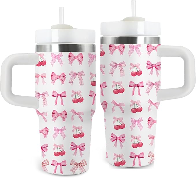 Bow Gifts for Girls - 14oz Pink Kids Bowknot Themed Tumbler with Handle and Straw, Stainless Steel Insulated Water Cup, for Sport, School, Travel - Cute Pink Bow Themed Children Birthday Gift Cup(1pc)