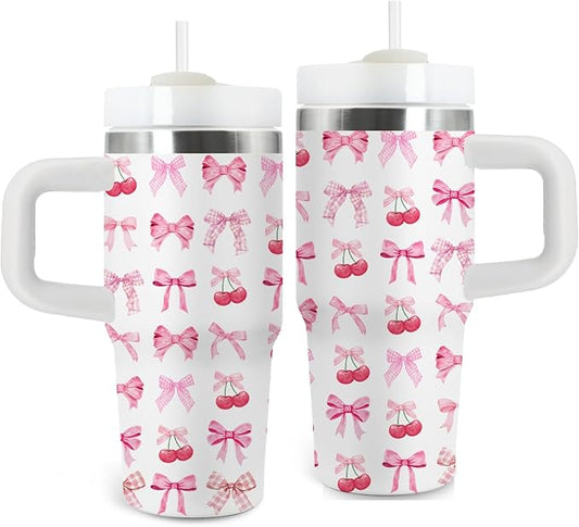 Bow Gifts for Girls - 14oz Pink Kids Bowknot Themed Tumbler with Handle and Straw, Stainless Steel Insulated Water Cup, for Sport, School, Travel - Cute Pink Bow Themed Children Birthday Gift Cup(1pc)