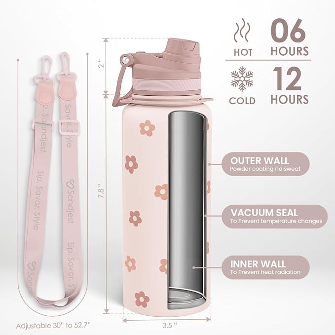 SANDJEST Beige Daisy Stainless Steel Water Bottle with Strap 32oz, Insulated Bottles with Straw and Spout Lid for Gym Sports Travel Outdoor, Gifts for Women Girls Birthday Christmas
