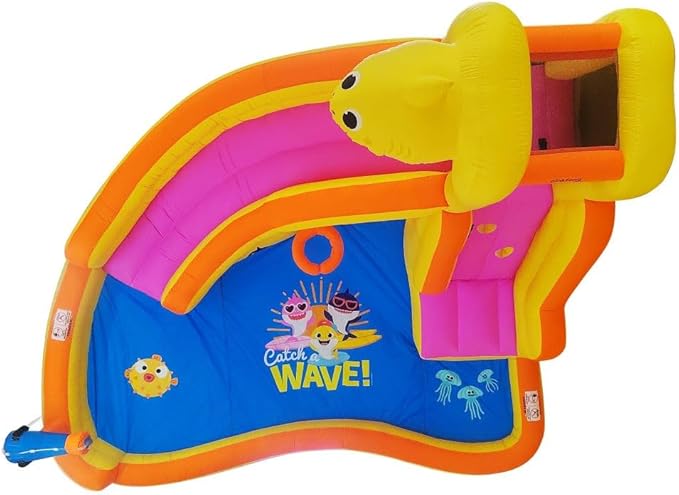 Funormous Baby Shark Bounce House with Slide Wet or Dry, Pink Fong Inflatable Water Slide, Party Outdoor Curve Waterslide Fun, Kids Backyard Water Park, Includes Water Sprayer, Pool & Blower