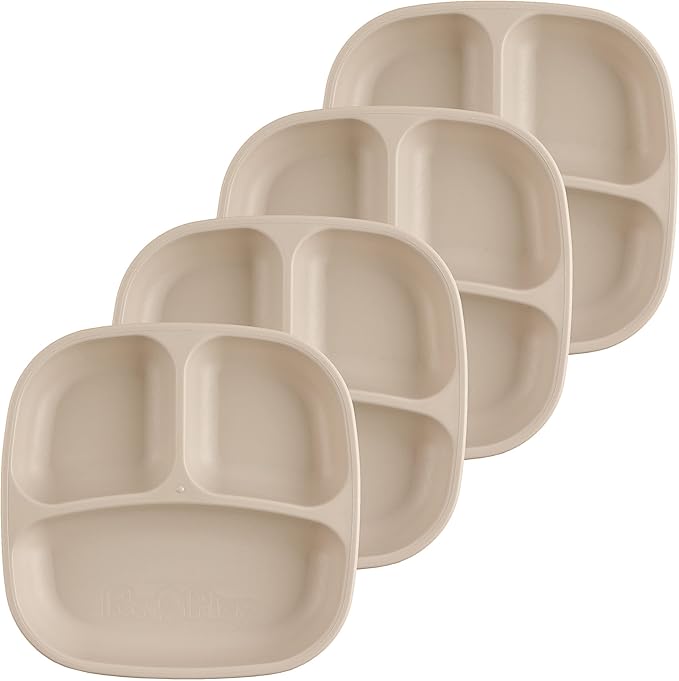 Re-Play Toddler Plates with Dividers - Deep-Walled 3 Compartments Divided Plates for Kids - Dishwasher & Microwave Safe - Made in USA - Set of 4-7.37" x 7.37" x 1.25" - Sand
