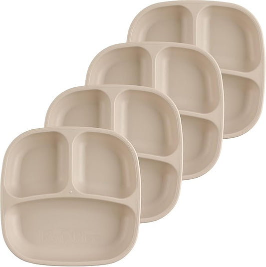 Re-Play Toddler Plates with Dividers - Deep-Walled 3 Compartments Divided Plates for Kids - Dishwasher & Microwave Safe - Made in USA - Set of 4-7.37" x 7.37" x 1.25" - Sand