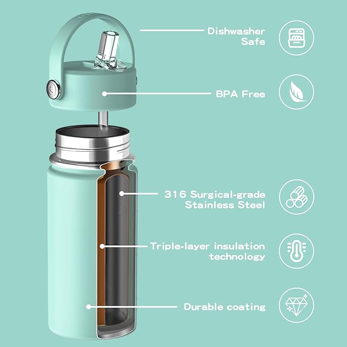 OISIZ Kids Water Bottle with Straw Lid 10oz, Vacuum Insulated 316 Stainless Steel Water Bottles for Kids for School, Leakproof Water Bottle, BPA Free and Keep Cold for 24 Hours