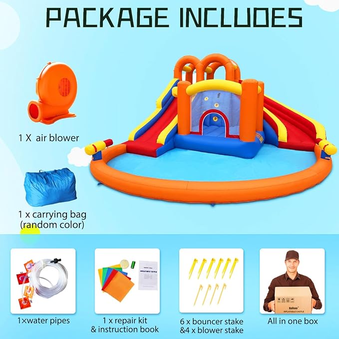 14.2x12.8FT Inflatable Water Park, Giant Slide Bounce House With 2 Long Slides, Thrilling Climbs, Trampoline and Big Splash Pool - 650W Air Blower Included
