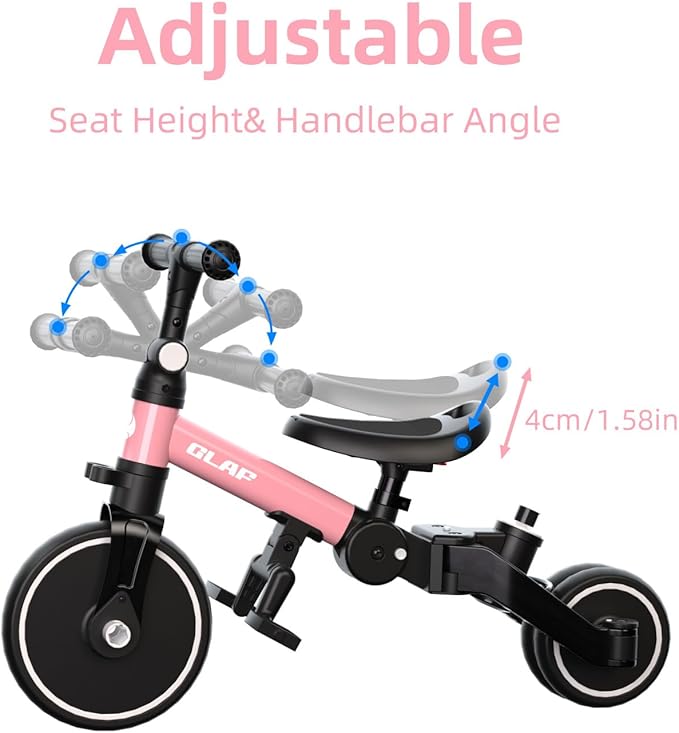 Glaf Tricycle for Toddlers 1-3 Toddler Bike Tricycles with Push Handle 2-4 Years Baby Bike Boys and Girls Balance Bike Birthday Toys with Removable Pedals Adjustable Seat Height and Backrest (Pink)