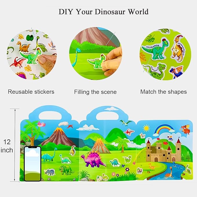 Reusable Sticker Book, Dinosaur Stickers Educational Learning Toys Travel Stickers Activity Books for Toddler Girls Boys Age 3+ Birthday Gifts