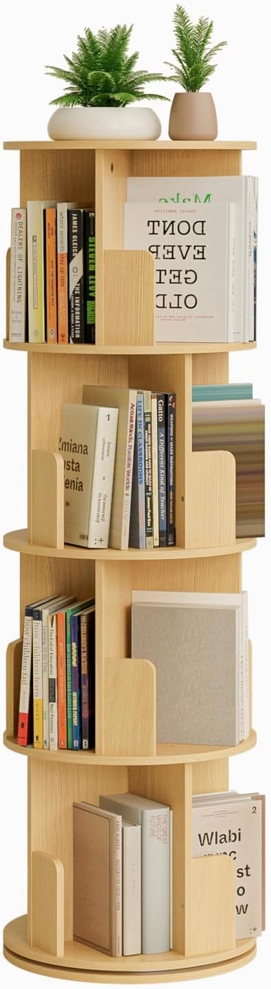 Masupu Rotating Bookshelf, Tall 4 Tier Rotating Spinning Bookshelf Tower, 360 Spinning Floor Standing Bookcase Storage Rack, Conner Rotating Book Shelf for Kids Rooms, Bedroom, Living Room