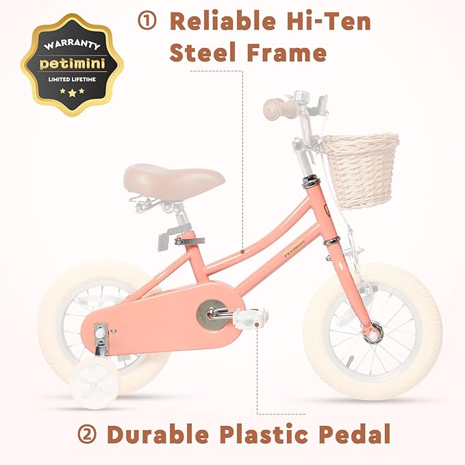 Petimini Girls Bike with Basket for 2-12 Years Old Kids, 12 14 16 18 20 Inch Bicycle with Bell Training Wheels Basket, Multiple Colors