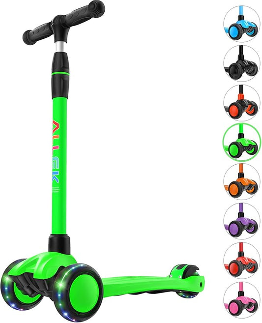 Allek Kick Scooter B03, Lean 'N Glide 3-Wheeled Push Scooter with Extra Wide PU Light-Up Wheels, Any Height Adjustable Handlebar and Strong Thick Deck for Children from 3-12yrs (Lime Green)