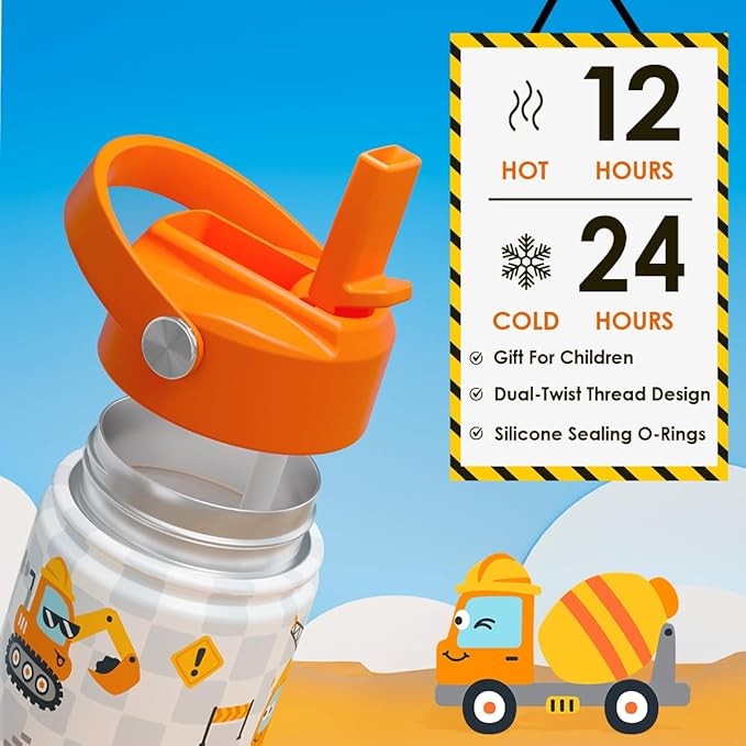 Construction Kids Water Bottle With Straw Lid 12oz Insulated Stainless Steel, Truck Travel Tumbler, Gifts For Boys, Birthday, Christmas, Back To School