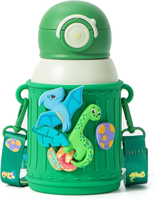 Kids Insulated Tumbler Set – 16 oz Stainless Steel Bottle with 2 Lids (Straw + Pour), Screw-On Cup, Adjustable Strap, Silicone Sleeve + 8 Charms – BPA-Free, Gift-Ready (Dinosaur)