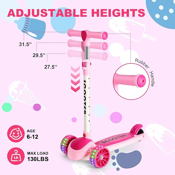 LENOGE Kids Scooter, Toddler Scooter with 3 Flashing LED Big PU Wheels Kick Scooter for Kids Folding Adjustable Height Kick Scooter Toys for Ages 3-6 Boys Girls