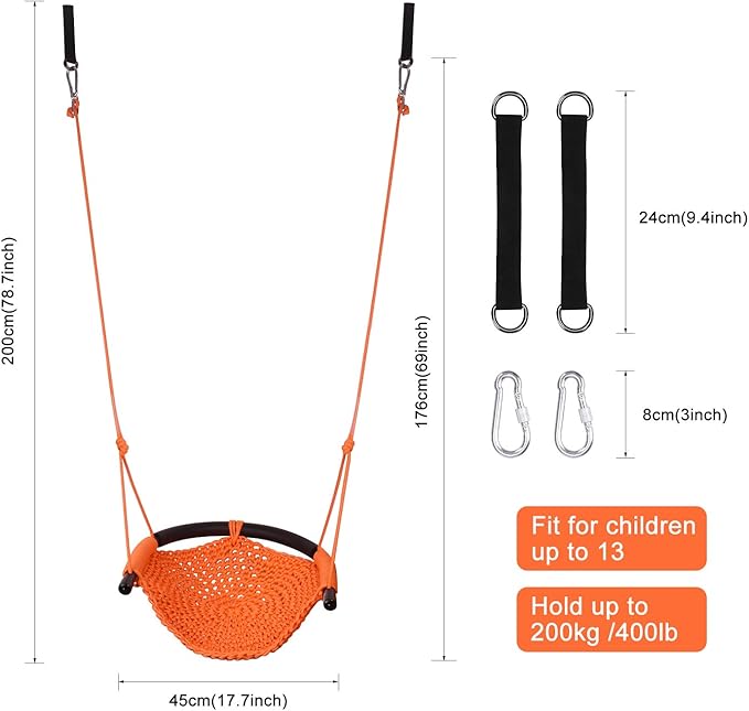 JKsmart Swing Seat for Kids Heavy Duty Rope Play Secure Children Swing Set,Perfect for Indoor,Outdoor,Playground,Home,Tree,with Snap Hooks and Swing Straps,440 lbs Capacity,Orange