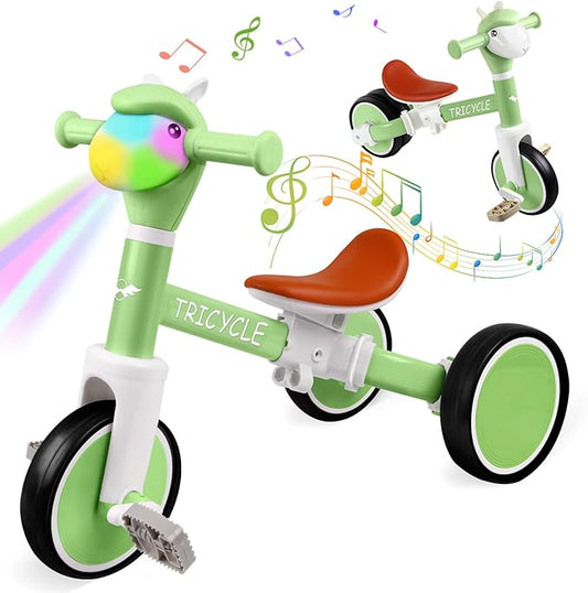 Tricycle for Toddlers 1-5 Year Olds, Toddler Balance Bike for Boys Girls 2-4, Toddler Tricycle with Light & Music Front, Kids Bicycle with Removable Pedal, Birthday Gifts for 1 2 3 4 5 Year (Green)