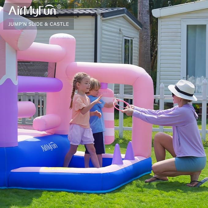 AirMyFun Pink Ice Cream Themed Inflatable Bounce House for Kids - Indoor/Outdoor Jumping Castle with Slide, Ball Pit, Wrecking Ball & Bounce Area, Durable Party Playground for Toddlers Boys Girls