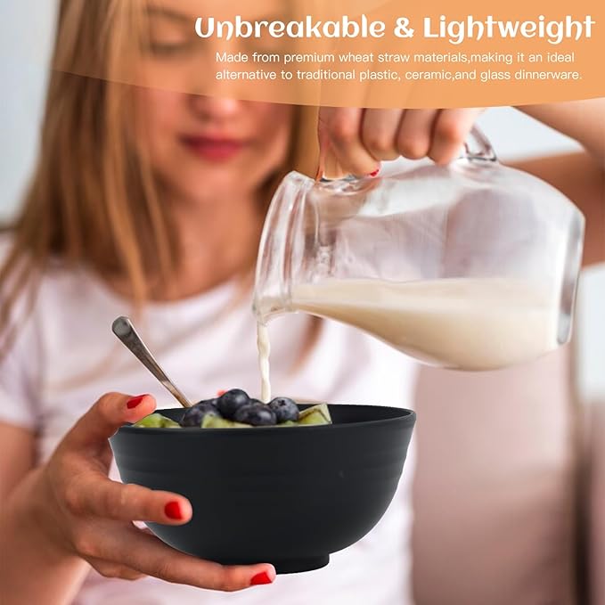 Homienly Wheat Straw Dinnerware Set,40-Piece Dish Set for 8, Dinner Plates, Dessert Plate, Cereal Bowls, Cups, Appetizer Plates,Reusable Dinner Plates Kids Plates and Bowls Sets,Black