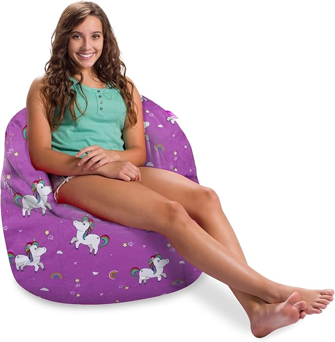Posh Creations Structured Comfy Bean Bag Chair for Gaming, Reading, and Watching TV, Sonoma Lounge, Canvas - Unicorn and Rainbows on Purple