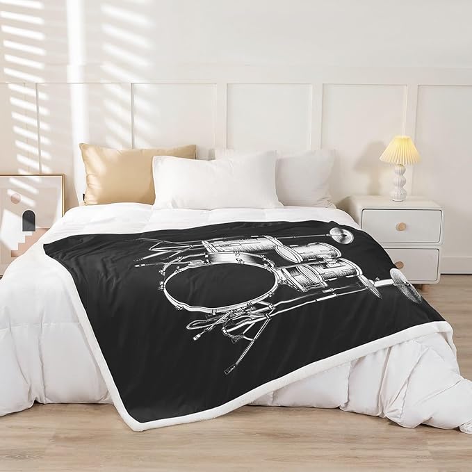Drum Kit Plush Drum Fleece Throw for Sofa Couch Bed - Rock Music Themed Sherpa Blanket - Musical Pattern Fuzzy Room Decor - Twin 60x80 Inch