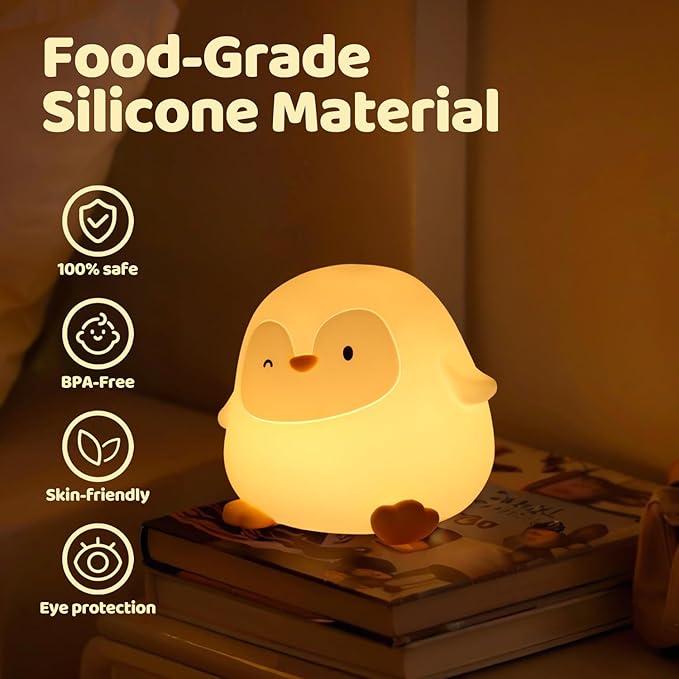 Penguin Silicone Night Light for Kids - Squishy LED Lamp with Soft Touch, USB Rechargeable & Long Battery - Cute Winter Animal Decor for Nursery & Gifts