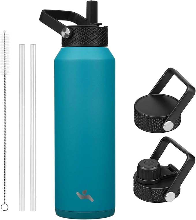 40oz Insulated Stainless Steel Water Bottle with Straw and 3 Lids, BPA-Free Sports Water Bottle,travel water bottle,Lake Blue