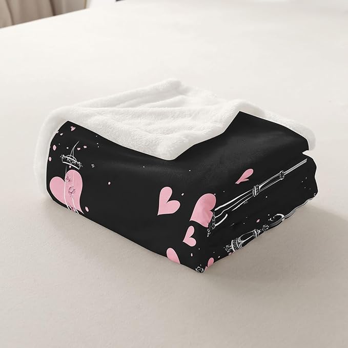 Eiffel Tower Fleece Throw Plush Blanket for Sofa Couch Bed - Black Pink - Modern French Style Sherpa Blanket - Twin 60"x80" - Paris Chic Romantic Theme