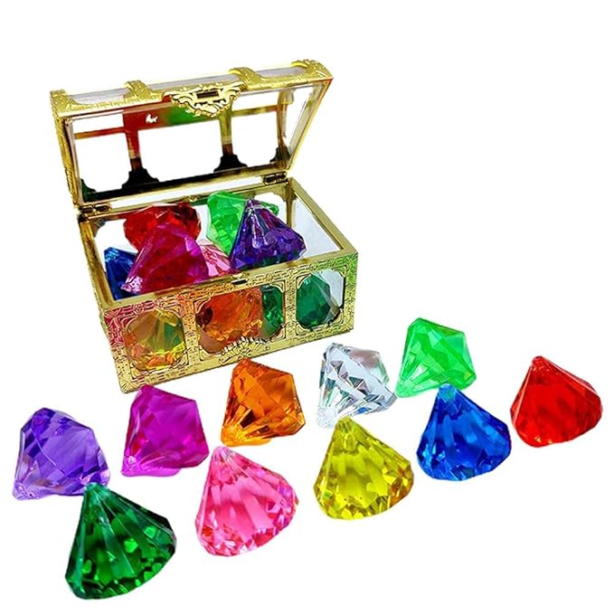 10pcs Set, Large Colored Acrylic Gems with Pirate Treasure Chest, Sinkable Pool Toys for Kids, Underwater Swimming Toys for Party Decorations (Large clip 1)