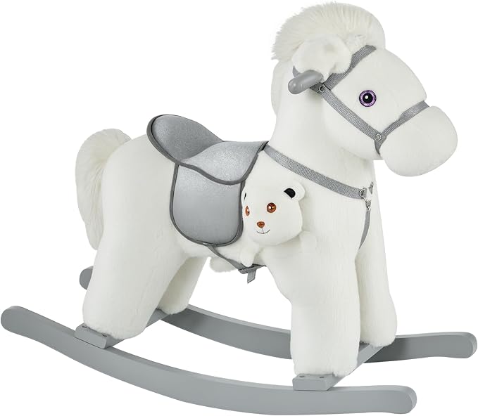 Qaba Kids Plush Ride-On Rocking Horse with Bear Toy, Children Chair with Soft Plush Toy & Fun Realistic Sounds, White