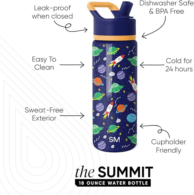 Simple Modern Kids Summit Water Bottle with Straw Lid | 18oz Stainless Steel Cup Insulated Tumbler for Boys, Girls, School | Outer Space
