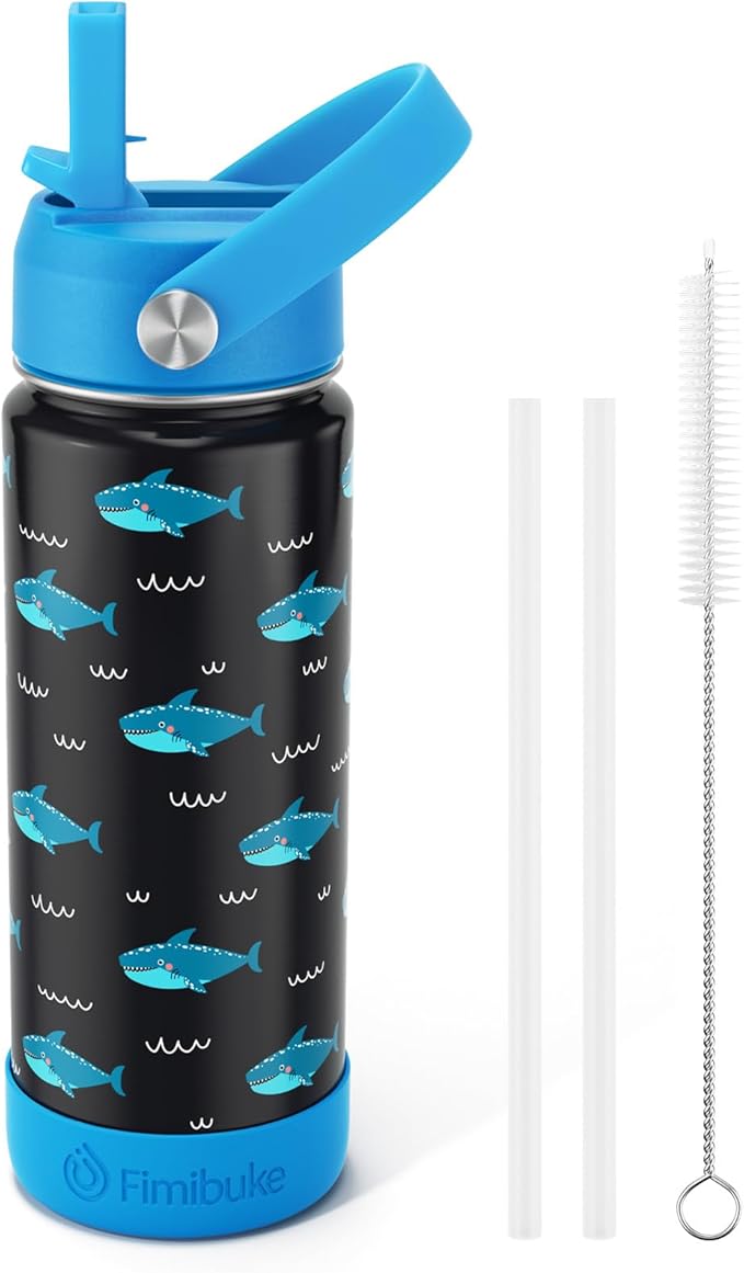 Fimibuke Kids Insulated Water Bottle, 18oz BPA FREE 18/8 Stainless Steel Kids Cup with Straw Travel Tumbler Double Wall Vacuum Leak Proof Toddler Water Bottle for School Boys Girls(1 Pack, Shark)