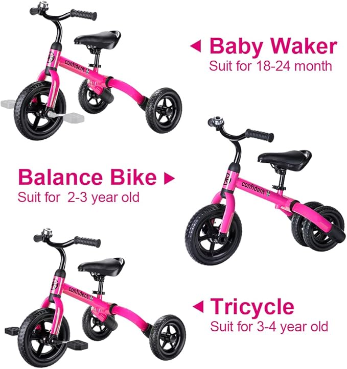 YGJT 3 in 1 Tricycle for Toddlers Age 2-5 Years Old, Folding Kids Balance Bike with Adjustable Seat and Removable Pedal, Toddler Bike Ride-on Toys for Infant, Gifts for Baby Boys Girls Birthday(Pink)