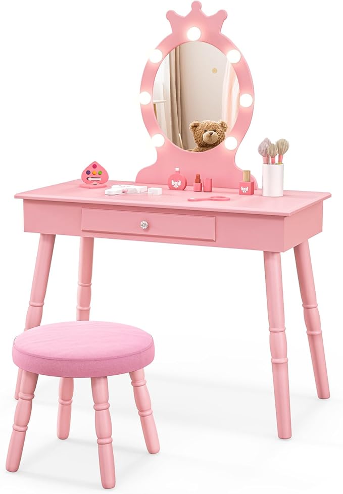 HONEY JOY Kids Vanity with Lights, Princess Wooden Makeup Table & Stool with Drawer, 3-Color LED Lights, Toddler Dressing Vanity for Little Girls, Pretend Play Kids Vanity Table and Chair Set (Pink)