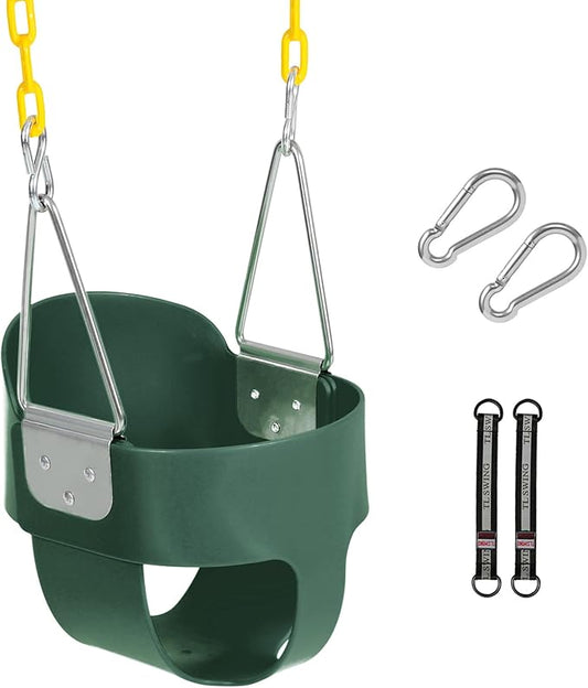 Heavy-Duty Toddler Swing with Coated Safety Chains-High Back Bucket Seat Includes Tree Straps,Hooks for Backyard, Playground,Outdoor Use (Green)