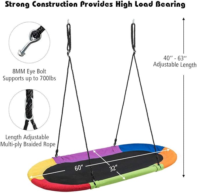 Costzon 60'' Giant Waterproof Platform Saucer Tree Swing Set, 700 lb Weight Capacity, Outdoor Saucer Tree Swing with Adjustable Hanging Ropes, Swing for Children Park Backyard (Multicolor)