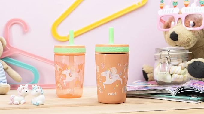 Zak Designs Unicorn Kelso Tumbler Set,Leak-Proof Screw-On Lid with Straw, Bundle for Kids Includes Plastic and Stainless Steel Cups with Bonus Sipper, 3pc Set, Non-BPA