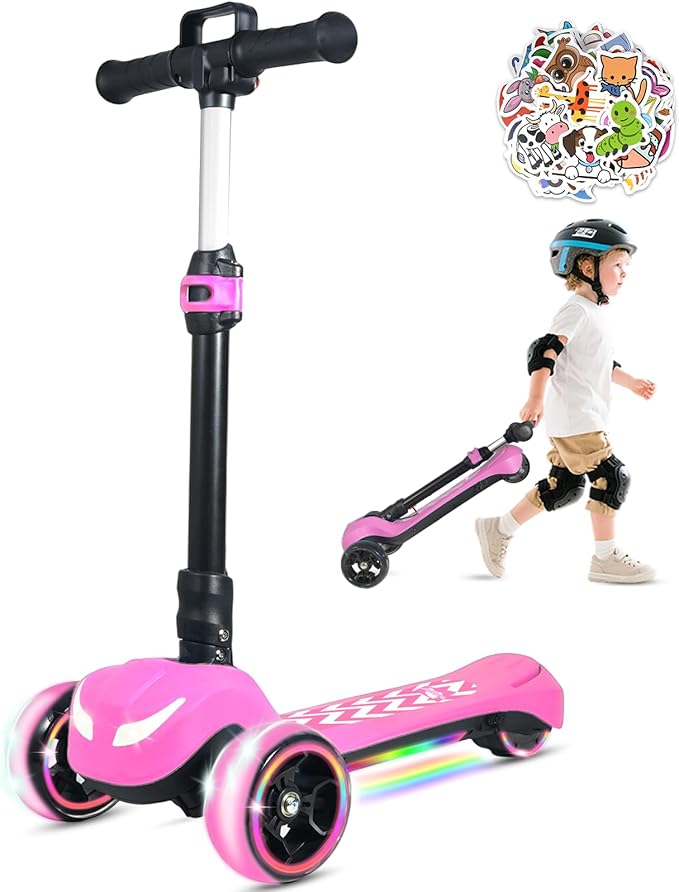 Balance Electric Scooter for Kids Ages 3-12, Full Body Lights Up, Stickers, Wide Deck, 3 Adjustable Heights, 5MPH Safe Speed, 90min Riding, Foldable 3 Wheel Electric Scooter for Kids Boys Girls, Pink