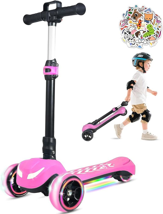 Balance Electric Scooter for Kids Ages 3-12, Full Body Lights Up, Stickers, Wide Deck, 3 Adjustable Heights, 5MPH Safe Speed, 90min Riding, Foldable 3 Wheel Electric Scooter for Kids Boys Girls, Pink