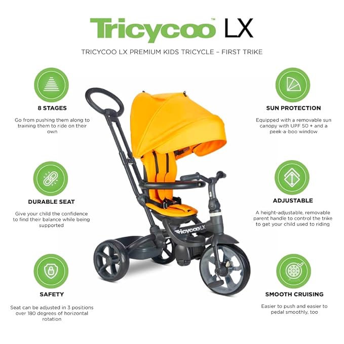 Joovy Tricycoo LX Premium Kids Tricycle with 8 Stages Featuring Chunky Front Tire, Removable and Adjustable Parent Handle, Safety Harness, Machine-Washable Seat Pad, and Retractable Canopy, Zinnia