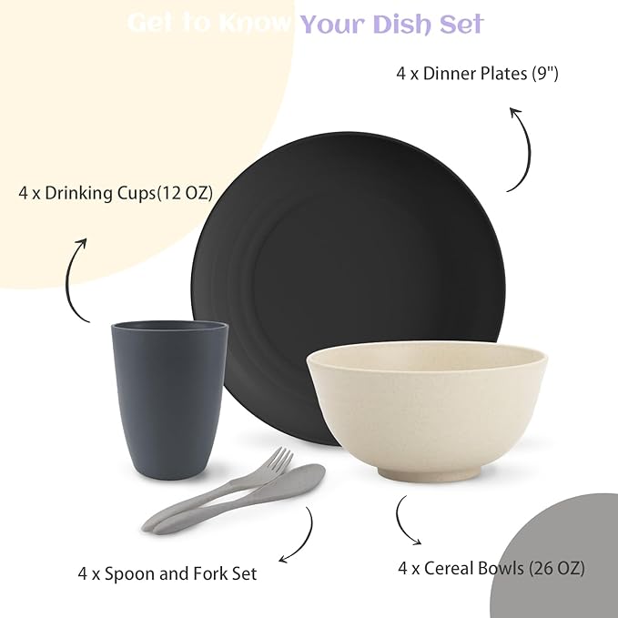 Homienly Unbreakable Wheat Straw Dinnerware Sets, Plastic Plates and Bowls Sets Alternative 20 PCS, Microwave & Dishwasher Safe Dish Set for Kitchen, Camping, Kids, Apartment, Lightweight(Grey Stone)