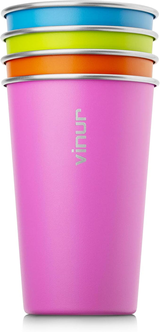VINUR 4 Pack Stainless Steel Cups 16 oz Pint Tumbler Stackable Metal Drinking Glasses for Travel, Camping, Outdoors (Sky Blue-Orange-Hot Red-Apple Green)