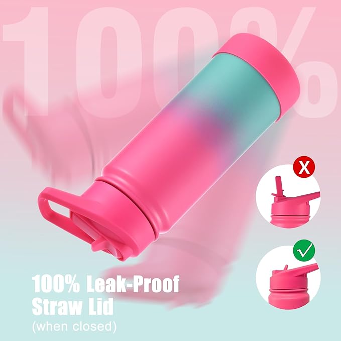 Mininoo Girls Water Bottle for School, 16oz Stainless Steel Insulated Metal Water Bottle with Straw Lid for Boys (Punch/Green)