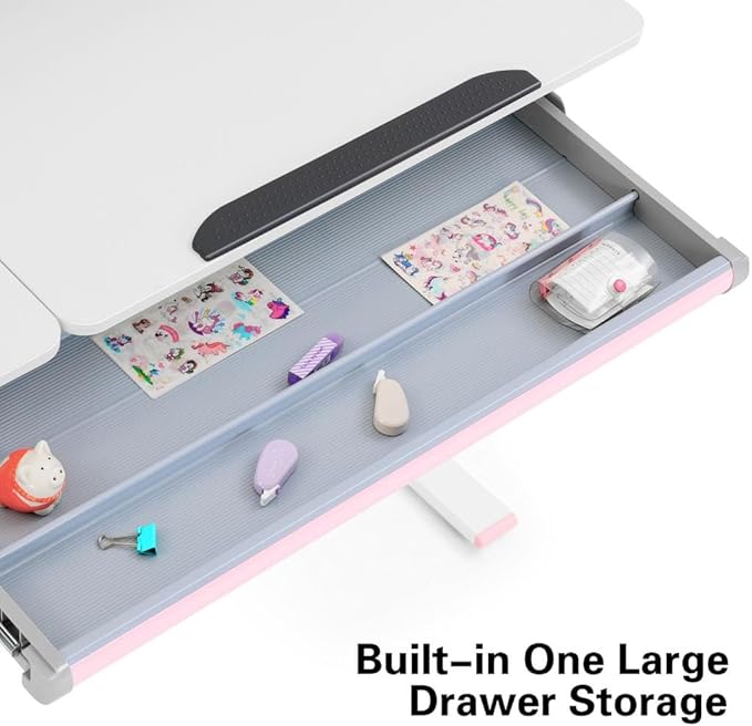 COSVALVE 39in Wide Adjustable Height Kids Desk with Tilting Desktop, Steel Frame, Drawer, and Bookshelf Hutch, Study Child Table for Ages 3-12, Pink