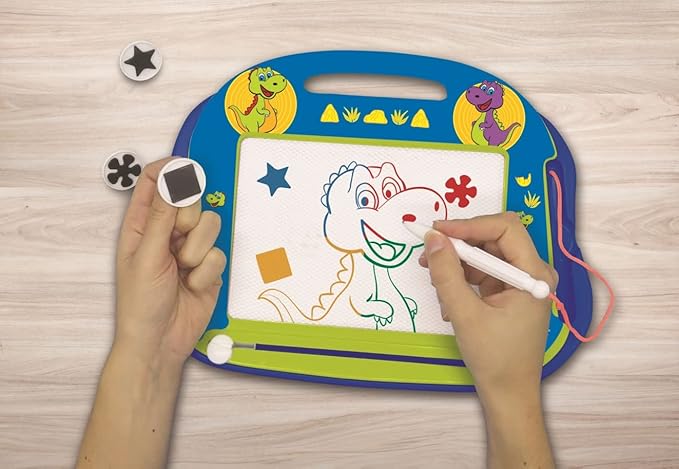 LEXiBOOK, Dinosaur, Multicolor Magic Magnetic Drawing Board, Artistic Creative Toy for Girls and Boys, Stylus Pen and Stamps, Blue, CRDINO550