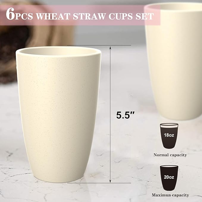Homienly Wheat Straw Reusable Tumblers, 20 OZ Wheat Straw Cups - Set of 6, Unbreakable Alternative to Plastic Cups, Microwave and Dishwasher Safe Drinking Glasses,Cup for Kitchen, Camping - Beige