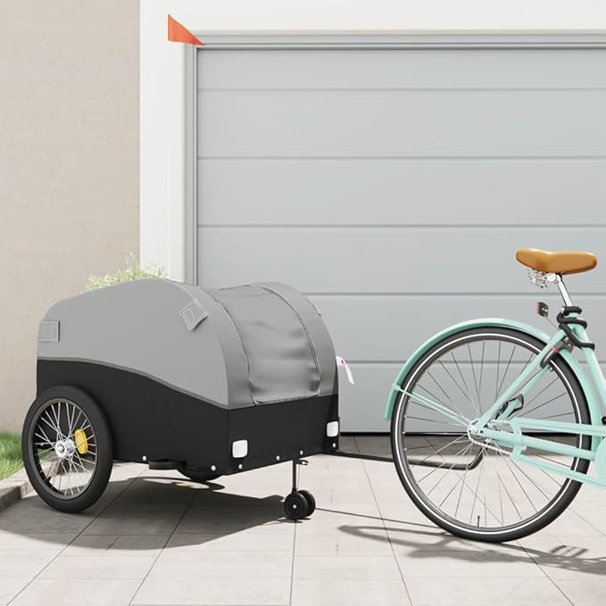 Bike Wagon Trailer, Bike Cart with Safety Flag, Bike Trailer Bicycle Cargo Trailer, Black and Gray 99.2 lb Iron, 26.8"x52.4"x26.8"
