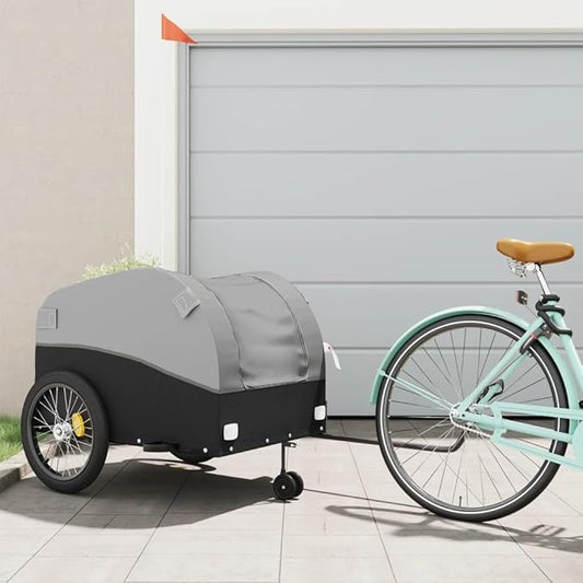 Bike Wagon Trailer, Bike Cart with Safety Flag, Bike Trailer Bicycle Cargo Trailer, Black and Gray 99.2 lb Iron, 26.8"x52.4"x26.8"
