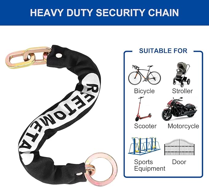 Heavy Duty Security Chain, 2FT x 3/8" Thick Hardened Steel Cut Proof Anti-Theft Lock Chain for Motorcycles, Bikes, ATVs, Trailers, Fences, etc.
